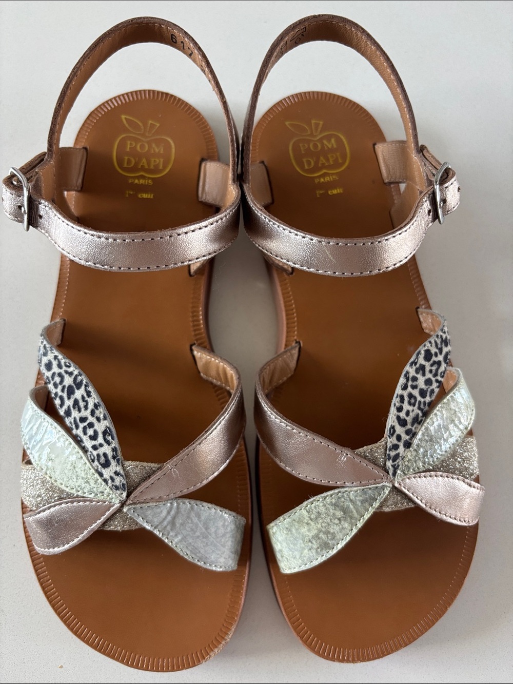 Pom D'Api Metallic Rose Gold and Leopard Butterfly Strap Sandals - Big Girls